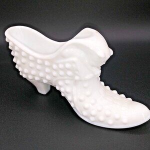 Vintage Fenton Hobnail White Milk Glass Victorian Shoe Cat Face 5.25"